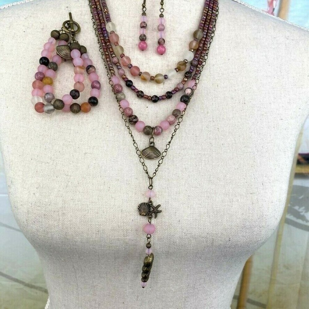 Pink Agate Quartz Necklace 4 Strand Sea Shells